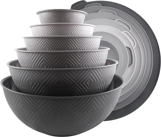 COOK WITH COLOR Mixing Bowls with Lids - 12 Piece Plastic Nesting Bowls Set includes 6 Prep Bowls and 6 Lids, Rhombus Design - Microwave Safe (Grey)