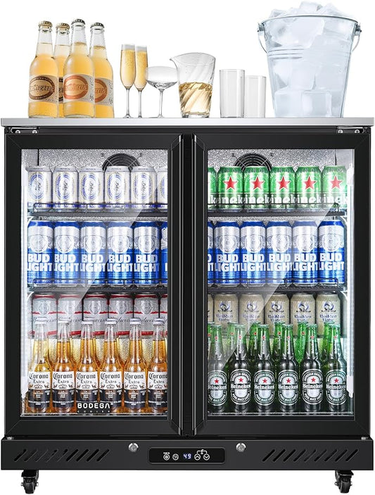 BODEGACOOLER Commercial Beverage Bar Cooler with 2 Glass Doors,7.7 Cu.ft Counter Height Back Bar Refrigerator LED Lighting for Soda Drinks,Beer,Wine with Stainless Steel Top,DOE Approved,4 Casters