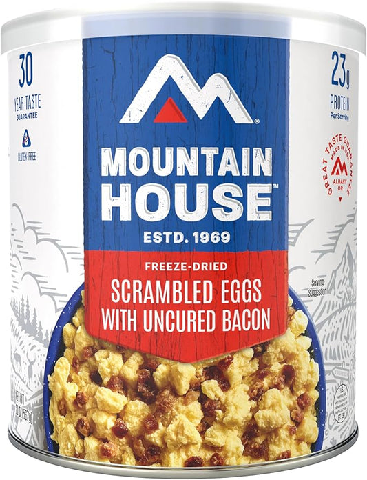 Mountain House Gluten-Free Scrambled Eggs with Uncured Bacon Freeze-Dried Food for Camping, 9 Servings, 30-Year Shelf-Life