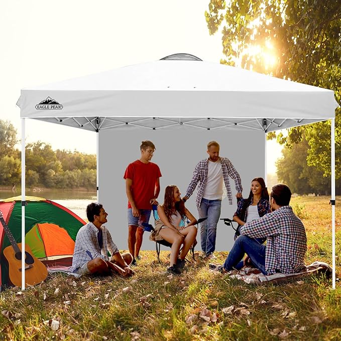 EAGLE PEAK Pop Up Canopy Tent with 1 Sidewall, Easy Setup Event Tent, Outdoor Sun Shade, Wheeled Carry Bag, Stakes and Guy Ropes, Instant Canopy 12x12, White