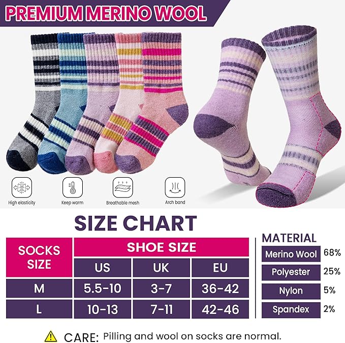 DoSmart Merino Wool Hiking Socks for Women Thermal Winter Warm Moisture Wicking Boot Work Cushion Gift Socks 5 Pairs