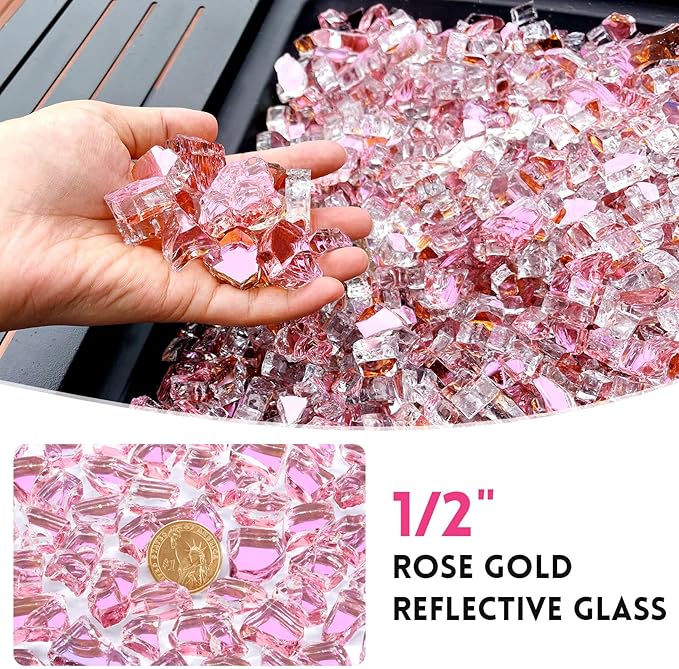 20 Pounds Fire Glass 1/2 Inch High Reflective Tempered Firepit Glass Rocks for Fireplace, Fire Pit Table, Fire Bowl and Landscaping (Rose Gold)