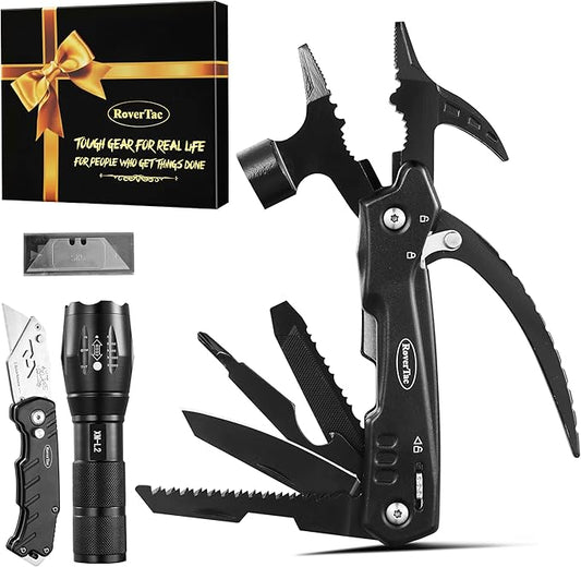 RoverTac Multitools Set - 12-in-1 Multi Tool Hammer, LED Flashlight, Utility Knife in Premium Gift Box, Camping Essentials Survival Camping Gear, Multitool Gift for Men Dad Him