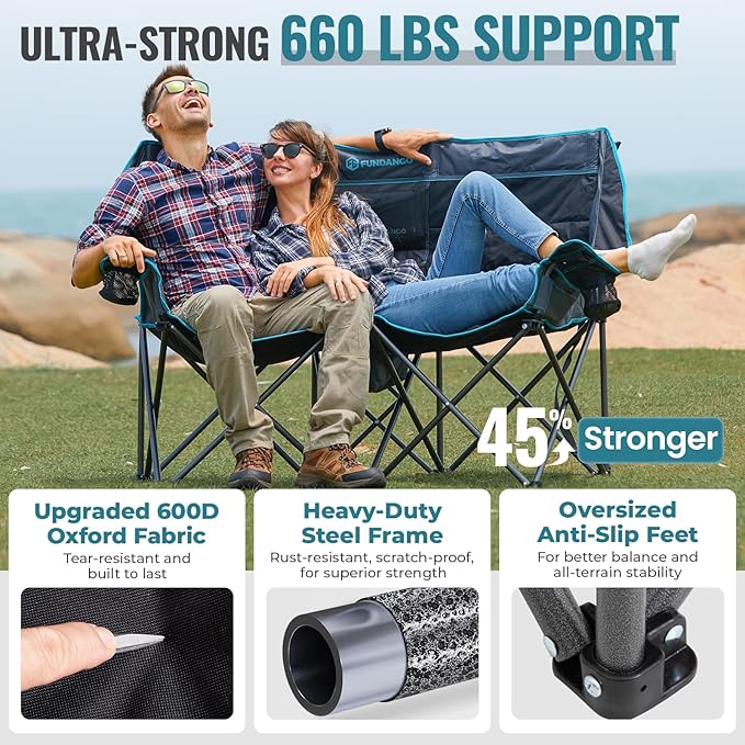 FUNDANGO Double Camping Chair with Cooler, 2 Person Folding Oversized Loveseat Camp Chairs for Adults Fully Padded Couch with Cup Holder for Outdoor Lawn Beach Patio Support 660 LBS Black/Blue