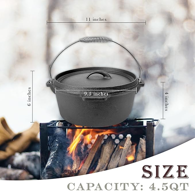 Cuisiland 4.5QT Cast Iron Dutch Oven with Lip Lid & Bail Handle – Pre-Seasoned Camping Pot for Outdoor Cooking, Roasting, and Baking – Heavy-Duty Campfire Cookware with Even Heat Distribution