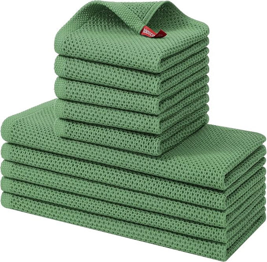 Kitinjoy 100% Cotton Kitchen Towels and Dishcloths Set, 10 Pack-13" x 28" and 12" x 12" Waffle Weave Dish Towels, Ultra Soft Absorbent Quick Drying Dish Rags, Grass Green