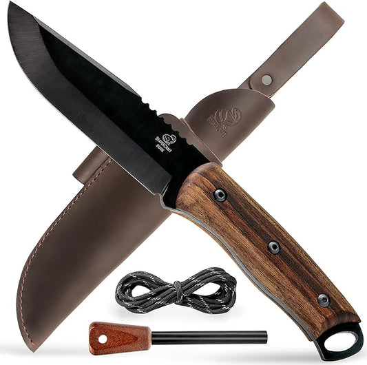 BeaverCraft Bushcraft Knife Full Tang 9.8" - Bush Knife with Fire Starter & Leather Sheath BSH4F - 5" Fixed Blade Carbon Steel - Camping Knives for Hiking, Survival, Outdoor