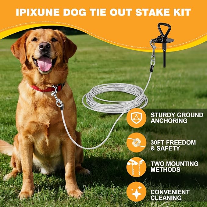 Heavy Duty Dog Tie Out Stake Kit - 30ft Tether with Ground Anchor, Brush, Handle, Storage Bag & Drill Bit - Secure Outdoor Pet Containment for Yard, Camping(Black)