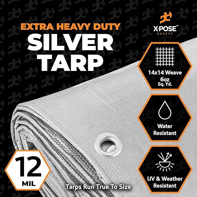 Heavy Duty Silver Poly Tarp 7' X 30' (2-Pack) - Multipurpose Protective Cover - Durable, Waterproof, Weather Proof, Rip and Tear Resistant - Extra Thick 12 Mil Polyethylene - by Xpose Safety