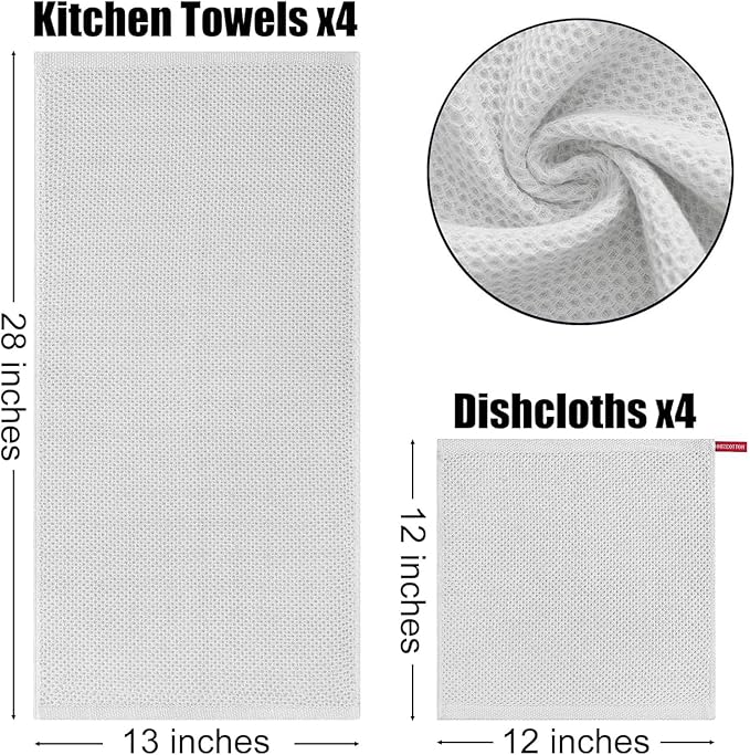 Kitinjoy 100% Cotton Kitchen Towels and Dishcloths Set, 8 Pack-13" x 28" and 12" x 12" Waffle Weave Dish Towels, Ultra Soft Absorbent Quick Drying Dish Rags, Light Grey