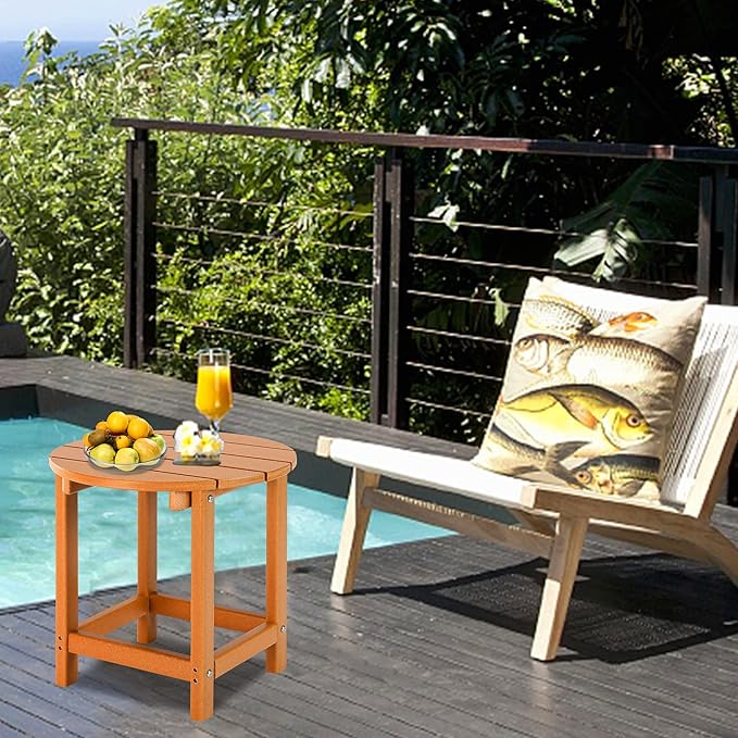 LZRS Round Adirondack Patio Side Table End Table, Outdoor Side Tables for Patio, Backyard,Pool, Indoor Companion, Easy Maintenance & Weather Resistant(Orange)