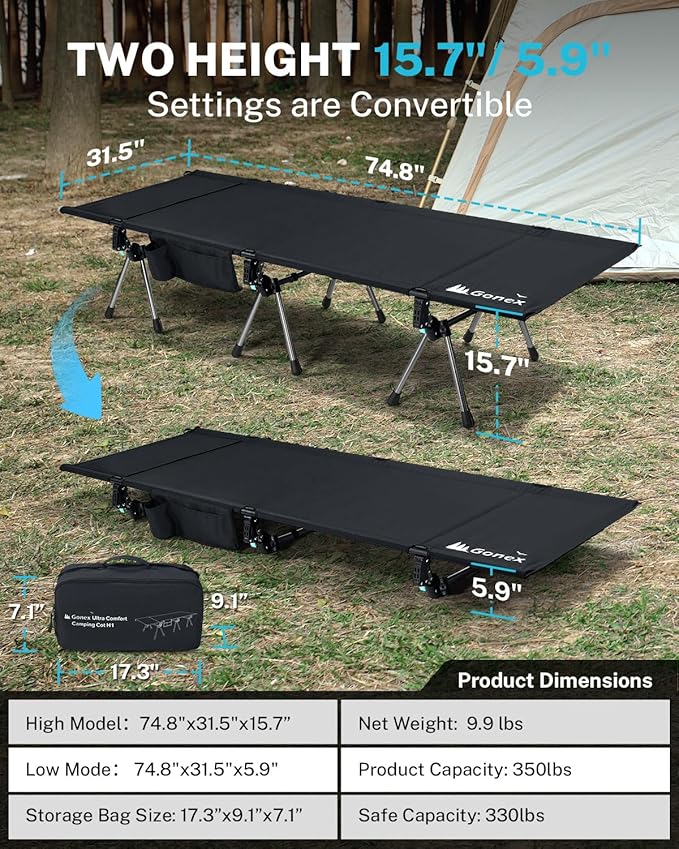 Gonex 31.5" Extra Wide Camping Cot with Leg Extenders 2 in 1 Portable Folding Cot for Adults Height Adjustable Supports 350lbs Sleeping Bed for Backpacking Travel Beach Home, Black