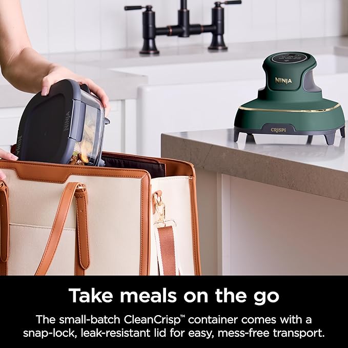 Ninja Crispi 5-in-1 Portable Glass Air Fryer, 4-QT, 2.5-QT & 6-Cup Glass Containers with Crisper Plates & Storage Lids, Microwave, Freezer & Dishwasher Safe, British Racing Green, FN103BF