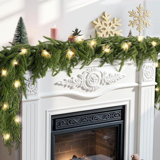 TranquilBliss 6FT Christmas Garland with Lights 20 LEDs, 8 Flash Style With Timer for Indoor & Outdoor Christmas Decorations, Real Touch Artificial Norfolk Garland for Table, Fireplace, Stairs, Mantle