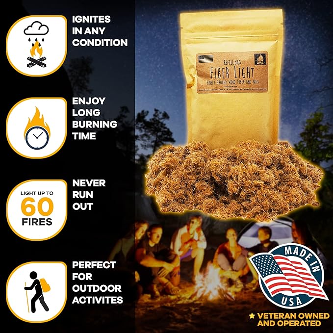 Fiber Light Natural Wood Fiber Fire Tinder Refill Bag, Water Resistant Outdoor Camping Survival Fire Starter