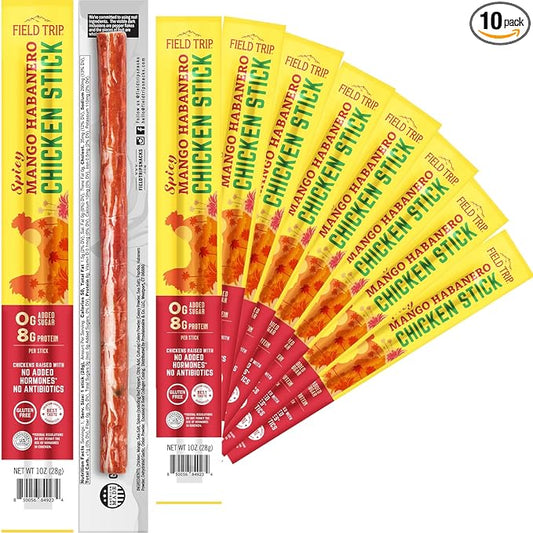Field Trip Spicy Mango Habanero Chicken Jerky Sticks - Hormone Free, Zero Sugar, Keto, Paleo, Gluten Free, and Allergy Friendly Snack - 50 Calorie, High Protein Snacks - 1oz, 10 Pack
