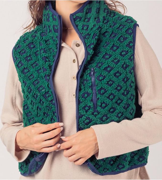 Colorful world Womens Checkered Sherpa Vest Fleece Jacket Lightweight Zip Up Sleeveless Crochet Plaid Gilet with Pocket