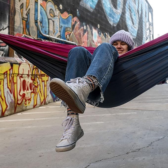 Grand Trunk Double Deluxe Parachute Nylon Hammock - 500lb Capacity Camping Hammock, 10.5x6.5ft, Lightweight & Durable (Crimson/Charcoal)