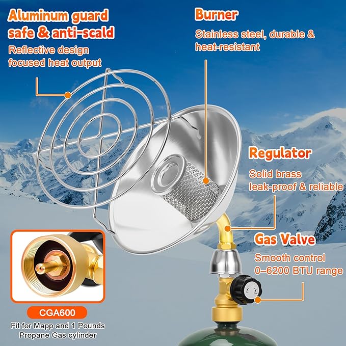 Portable Heater with Windproof USB lighter, Outdoor Space Propane Heater with Foldable Base Control Valve, Cordless Gas Tank Patio Heaters for Garage Camping Tent Hunting Fishing (Fuel Not Included)