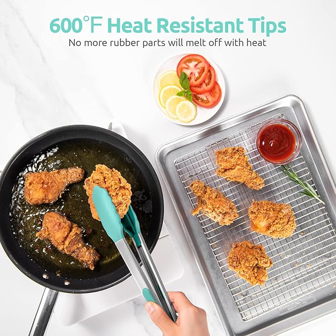 600ºF Heat Resistant Kitchen Tongs: U-Taste 12 in Large Silicone Cooking Tong with Sturdy Non Stick Rubber Tips & Silicon Coated 18/8 Stainless Steel Handle & Smooth Locking for Serving Grill-Aqua Sky