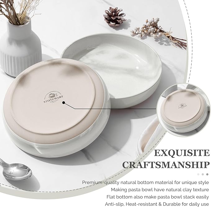 HaWare Pasta Bowls Set of 4, 33oz Large Salad Bowls for Home Kitchen, Ceramic Serving Plates for Soup, Cereal, Scratch-resistant Wide and Shallow Dinner Bowl, Microwave & Dishwasher Safe, Milky White