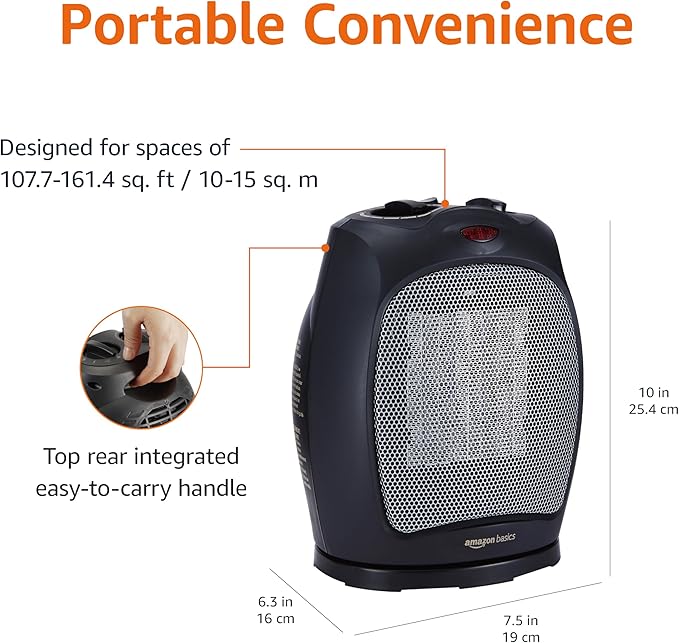 Amazon Basics Oscillating Ceramic Space Heater, Portable Indoor Heating Solution, With Overheat and Tip-Over Protection, Thermostat, 1500W, 7.52"D x 6.34"W x 9.45"H, Black
