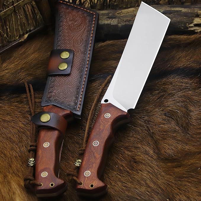 BA-KOR 14-inch full Tang 8mm thick DC53 steel-wood handle brass rivet reinforced one-piece knife + leather sheath - hunting, camping, survival, slicing, bone-cutting knife EDC, BBQ
