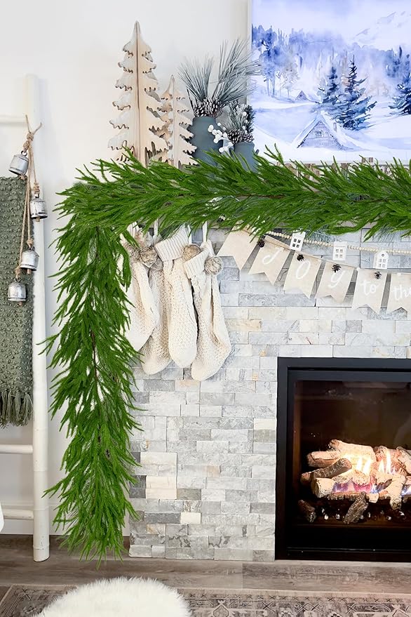 Hollyone 6FT Norfolk Pine Garland Real Touch Winter Pine Garland Christmas Garlands Artificial Greenery for Table Mantle Wall Indoor Outdoor Mantle Holiday Christmas Home Decor