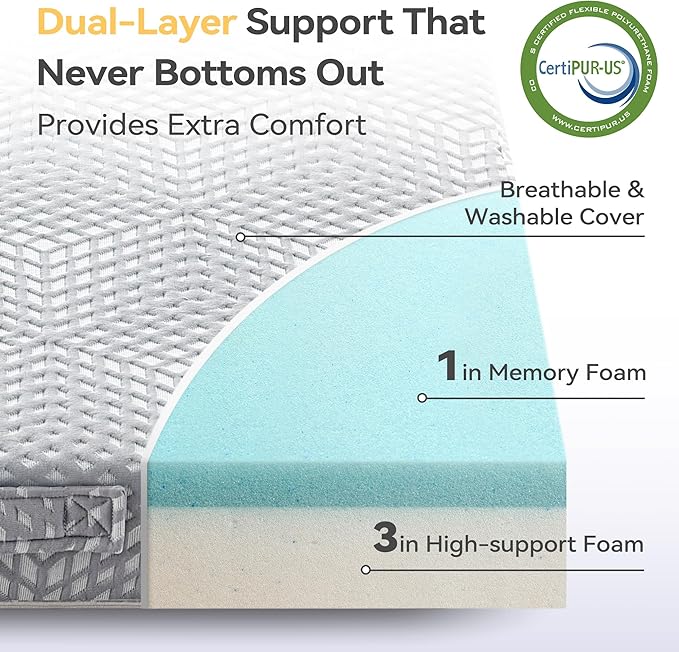 BDEUS Memory Foam Folding Mattress 4 Inch Small Full Size with Protable Storage Bag, Trifold Mattress Topper Soft Guest Bed Floor Mat for Kids Camping Road Trip, Gray, 52 x 73 Inch