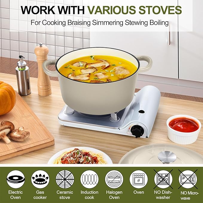 P&P CHEF 7QT Enameled Dutch Oven, Cast Iron Dutch Oven Pot with Lid for Bread Baking, Enameled Casserole Pot for Roasting Braising Stewing Frying Simmering, Various Stoves & Easy Clean, Khaki