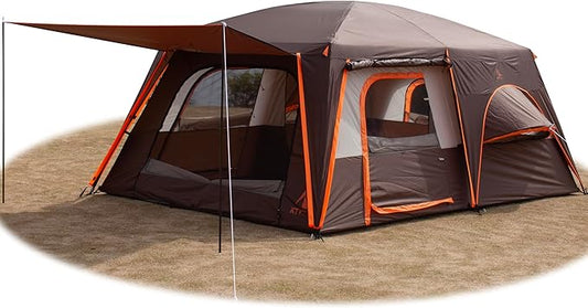 KTT Extra Large Tent 6-10-12-14 Person(A),Family Cabin Tents,2 Rooms,3 Doors and 3 Windows with Mesh,Straight Wall,Waterproof,Double Layer,Big Tent for Outdoor,Picnic,Camping,Family Gathering