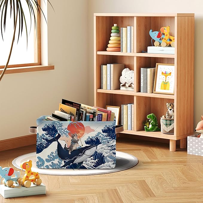 Funny Cat Riding Whale Collapsible Storage Basket - Cute Cat Whale Storage Box with Handles, Foldable Organizer for Toys & Clothes - Decorative Gift Basket for Nursery, Kids Room, Home Organization