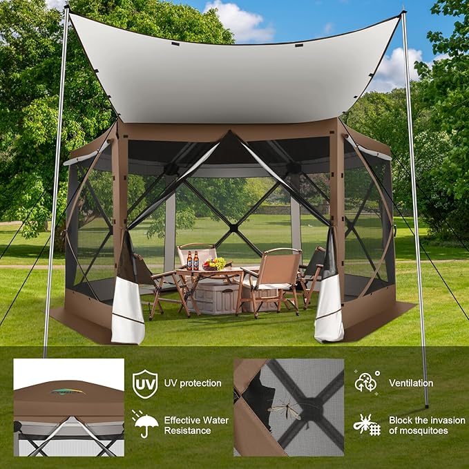 COBIZI 12x12 Pop up Gazebo Screen House Tent for Camping, Outdoor Canopy with Removable Roof&Sidewalls, Portable Hub Tent with Carrying Bag and Ground Stakes, Brown