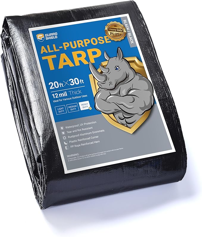 GUARD SHIELD Heavy Duty Tarp 20x30 Feet Black Tarp Large Outdoor Tarps Waterproof with Grommets Cover 12mil