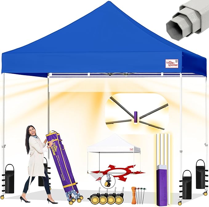 Tradesparker 8x8 Pop Up Canopy Tent,Easy up Commercial Canopy Tent Instant Shelter for Beach Events Parties Camping Market,Pop Up Canopies with LED Curtain+Casters+Weight+Stakes,Blue