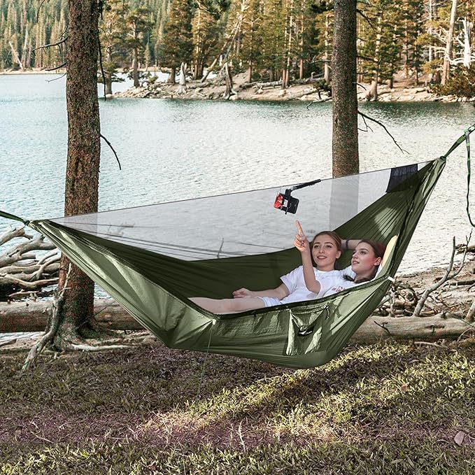 Camping Hammock with Mosquito Net and Ridge Rope, Extra Large for 2 Person, Lightweight Hanging Hammocks Tree Straps, All-in-one Fast Open Hammock for Outside, Hiking, and Travel
