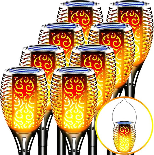 8 Pack Solar Lights Outdoor - Upgraded Solar Tiki Torches with Realistic Flickering Flame, 3-in-1 Fire Effect Hanging Lantern for Garden, Pathway, Yard, Patio - Waterproof & Auto On/Off