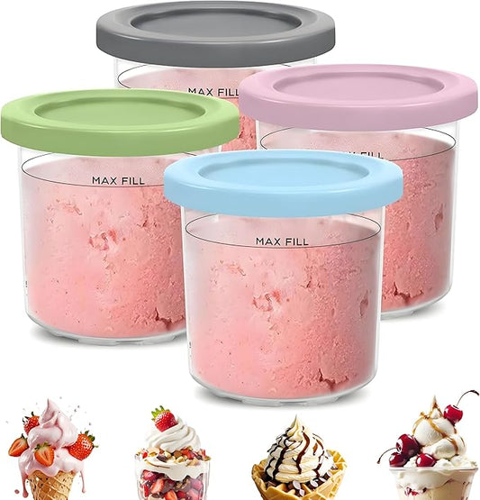Fit For Ninja Creami Replacement Pints and Lids 4 Pack, 16OZ Compatible with NC301/NC300/NC299AMZ/NC290 Series for Ice Cream, Sorbet, Frozen Desserts BPA-Free Dishwasher-Safe