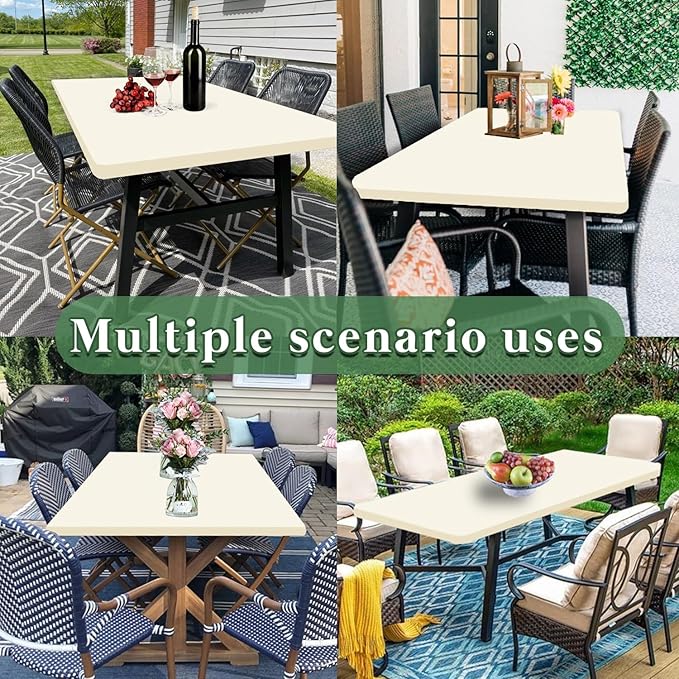 8 Foot Table Cover Fitted 10 Pack Picnic Elastic Tablecloth for Rectangle Tables Waterproof Stretch Washable Folding Indoor Outdoor Spandex Table Cloth for Parties Banquet Camping (Beige,30" x 96")