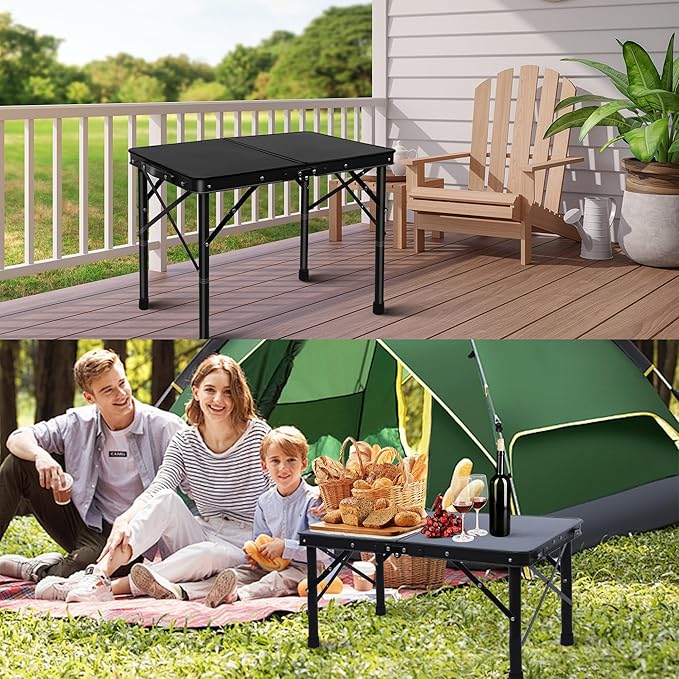 Folding Camping Table, Pure Black 2ft Picnic Table Metal Legs MDF Tabletop, Small Outdoor Table Adjustable Height, Lightweight, Portable Handle for Travel Cooking