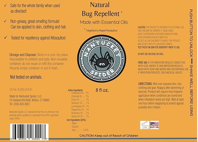 Nantucket Spider Original Bug Repellent for People - 8 oz | Repels Mosquitos, Biting Flies, Wasps, & No-See-Ums | Deet-Free Essential Oil Insect Repellent