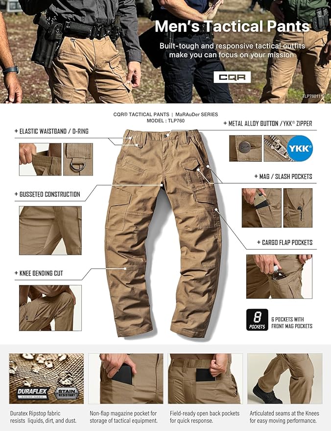 CQR Men's Flex Ripstop Tactical Pants, Water Resistant Stretch Cargo Pants, Lightweight EDC Hiking Work Pants