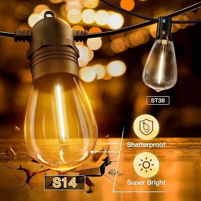 Ollny Outdoor String Lights, 25 FT Waterproof Connectable Patio Lights with 9+1 Shatterproof S14 Bulbs(1 Spare), Outside Hanging Light for Balcony, Porch, Yard, Garden, Backyard
