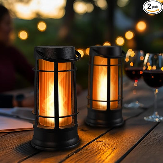 Metal Outdoor Solar Lantern, Flickering Solar Lanterns Outdoor Waterproof with Patented LED, Outdoor Lanterns for Porch, Patio, Garden, Tabletop, Hanging Use, Matte Black (2 Pack)