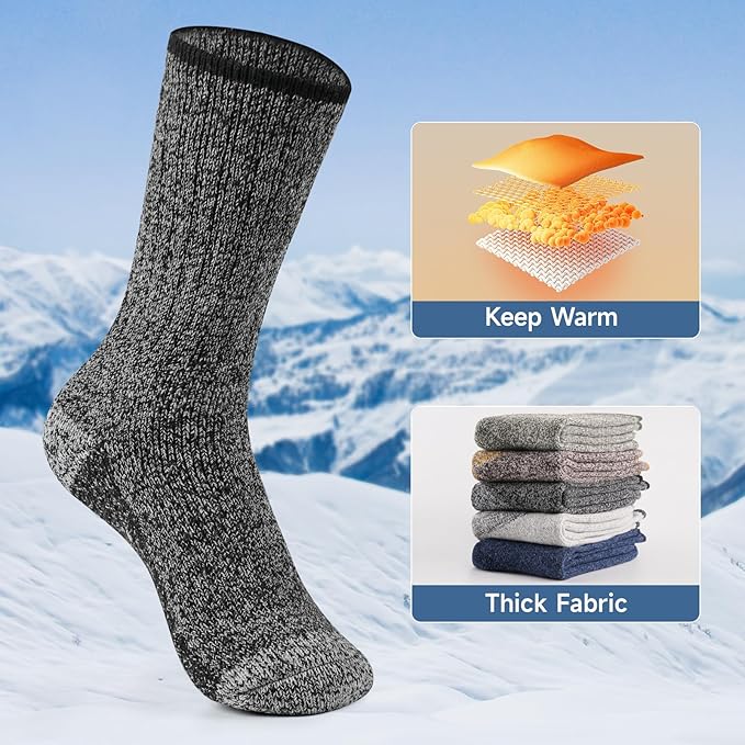 BESTENA Merino Wool Hiking Socks for Men 5 Pairs Thermal Warm Winter Thick Cushion Moisture Wicking Crew Boot Socks