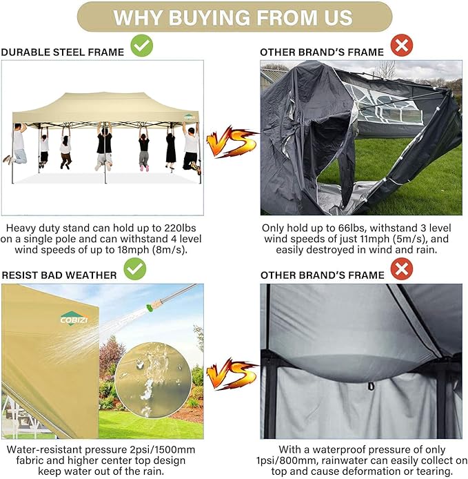 COBIZI 10x20 Pop up Canopy Tent 10x20 Canopy with 6 Sidewalls Waterproof Heavy Duty Gazebo Commercial Canopy Tent for Parties Outdoor Tent Gazebo Tent, Carry Bag with Wheel(10x20ft, Khaki)