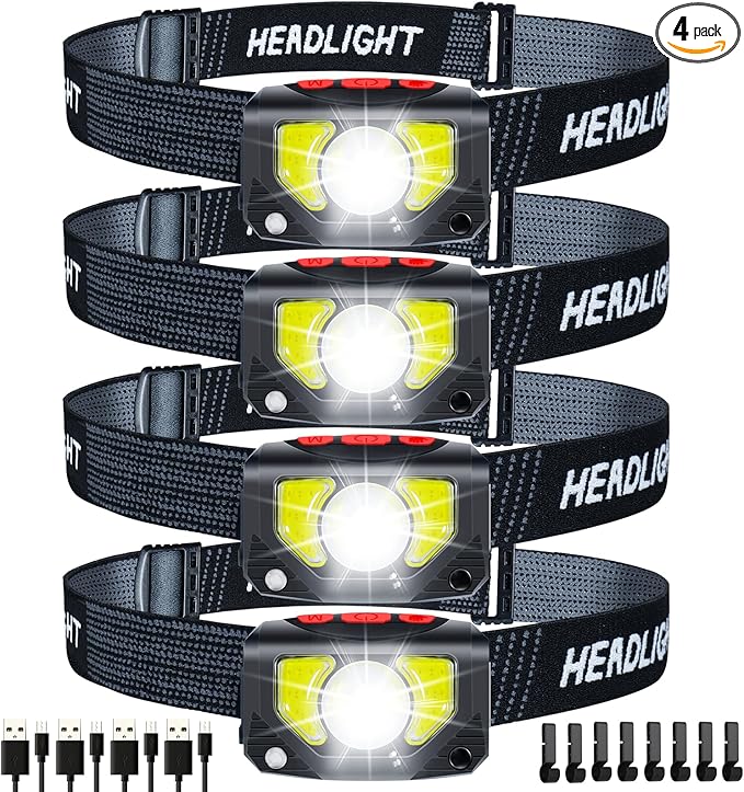LED Headlamp Rechargeable, 4 Pack Head Lamp Flashlight Headlight Light with Motion Sensor for Outdoor Camping Biking Running Fishing