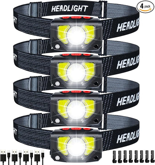 LED Headlamp Rechargeable, 4 Pack Head Lamp Flashlight Headlight Light with Motion Sensor for Outdoor Camping Biking Running Fishing