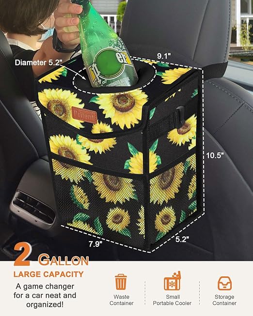 Car Trash Can with Lid, Cute Leakproof Car Trash Garbage Bag Hanging Vehicle Trash Bin Small Portable Automotive Garbage Cans Organizer for Back/Front Seat/Console(Trapezoid,Sunflower)