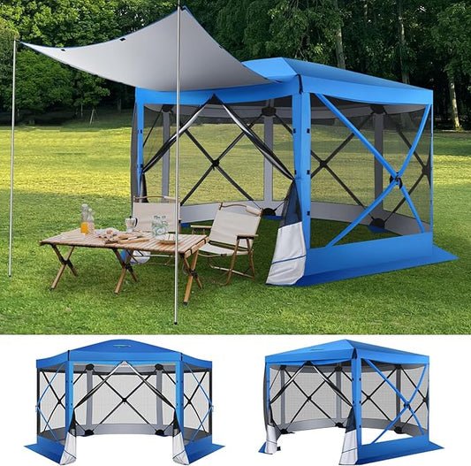 COBIZI 12x12 Pop up Gazebo Screen House Tent for Camping, Outdoor Canopy with Removable Roof & Mosquito Netting, Portable Hub with Carrying Bag and Ground Stakes, Blue